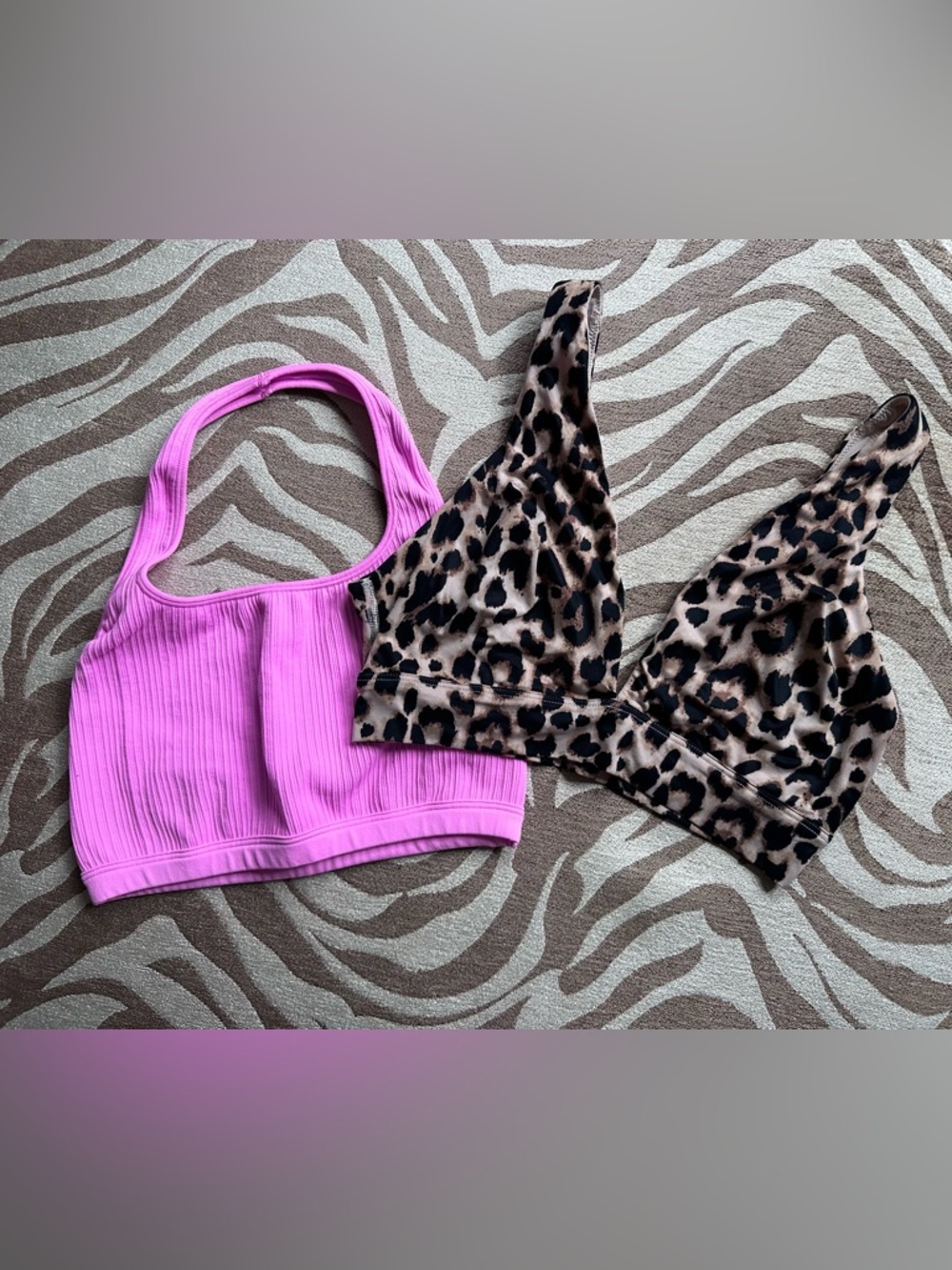 PINK and Victoria's Secret Hot Pink Ribbed Halter & Leopard Print Bralette Duo